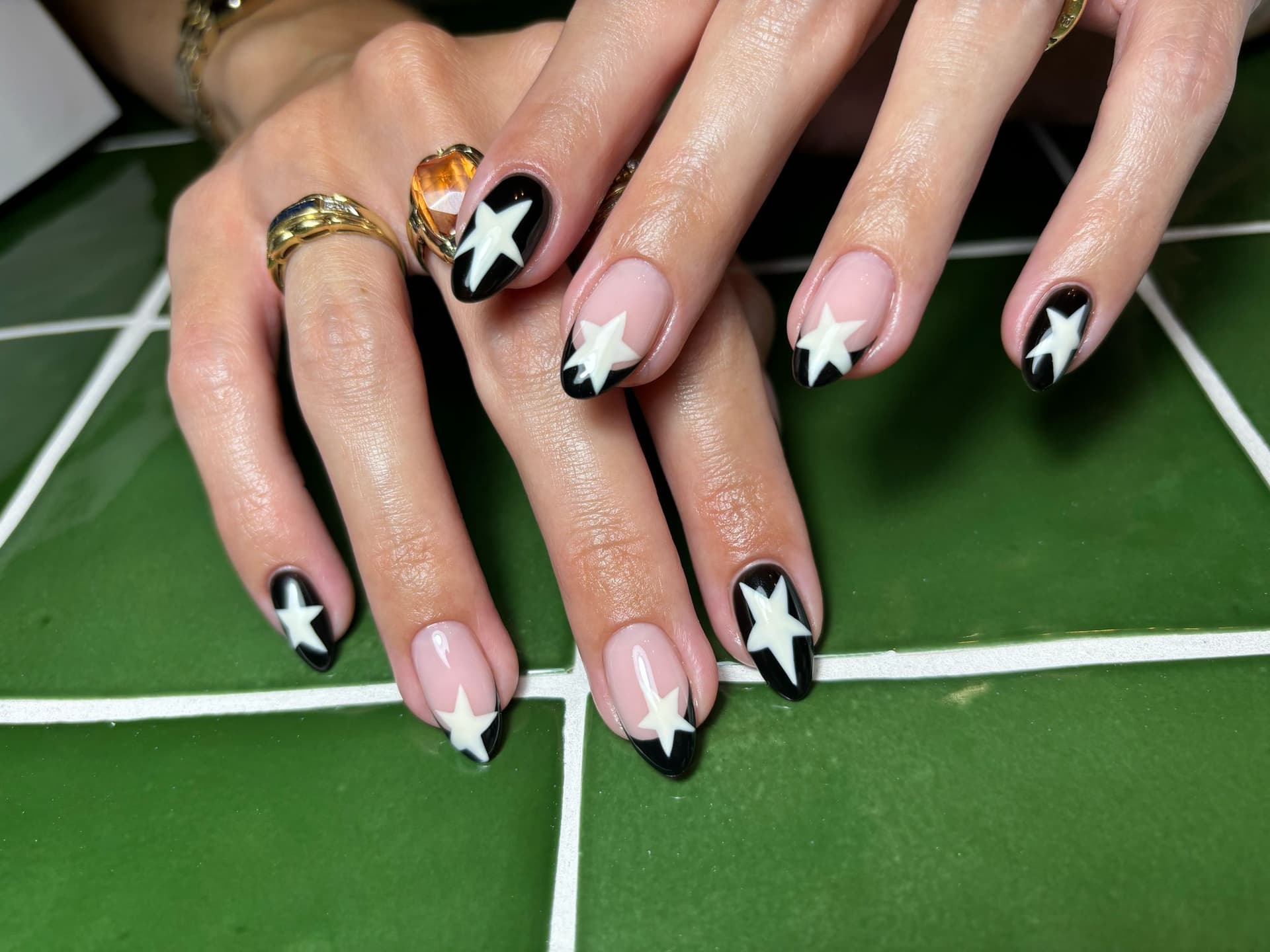 Level 3 Nail Art Black French and White Star Shape on Top