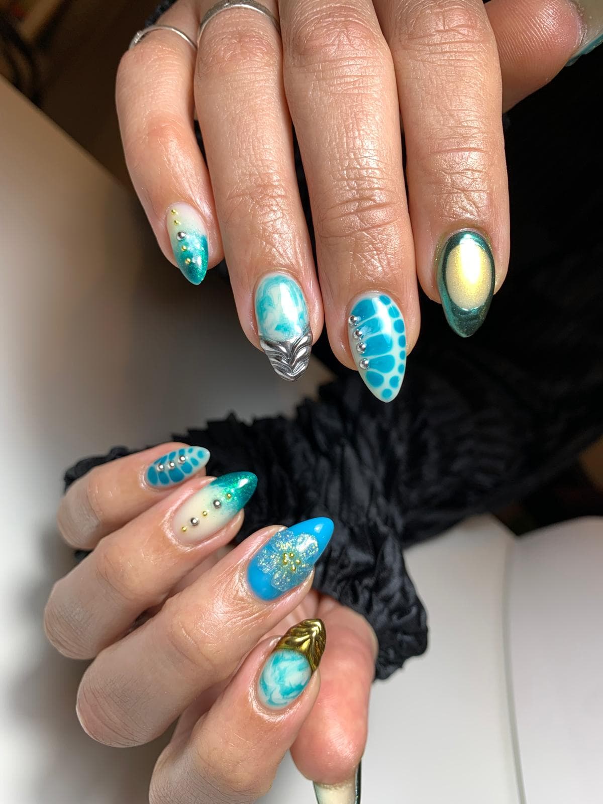 Level 4 Nail Art Complex Design with Blue and Green Gel Polish